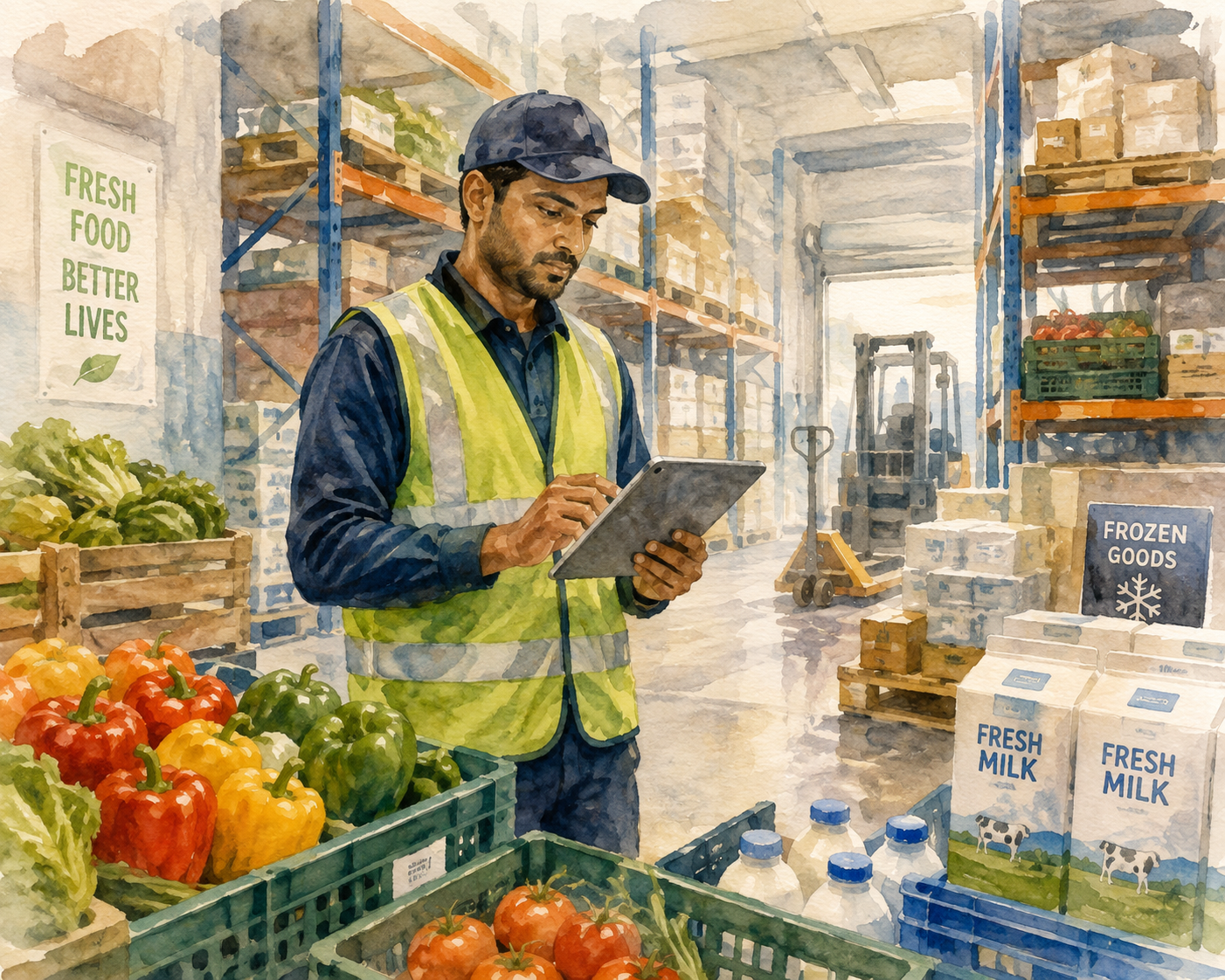 Warehouse worker using AI supply chain software for F&B inventory
