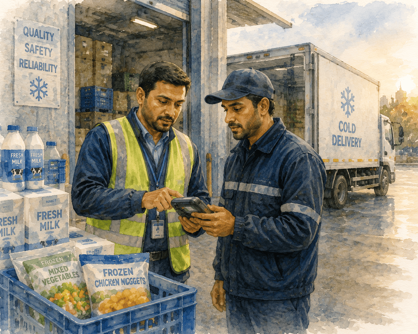 Warehouse and delivery team reviewing dairy and frozen inventory data